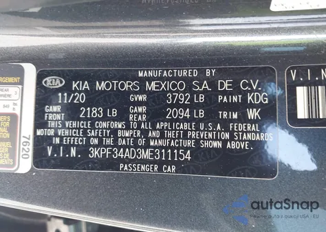2021 Kia Forte Gt-Line from USA, damaged, VIN 3KPF34AD3ME311154
